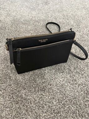 kate spade Black Leather Double Zip Crossbody with Gold Hardware